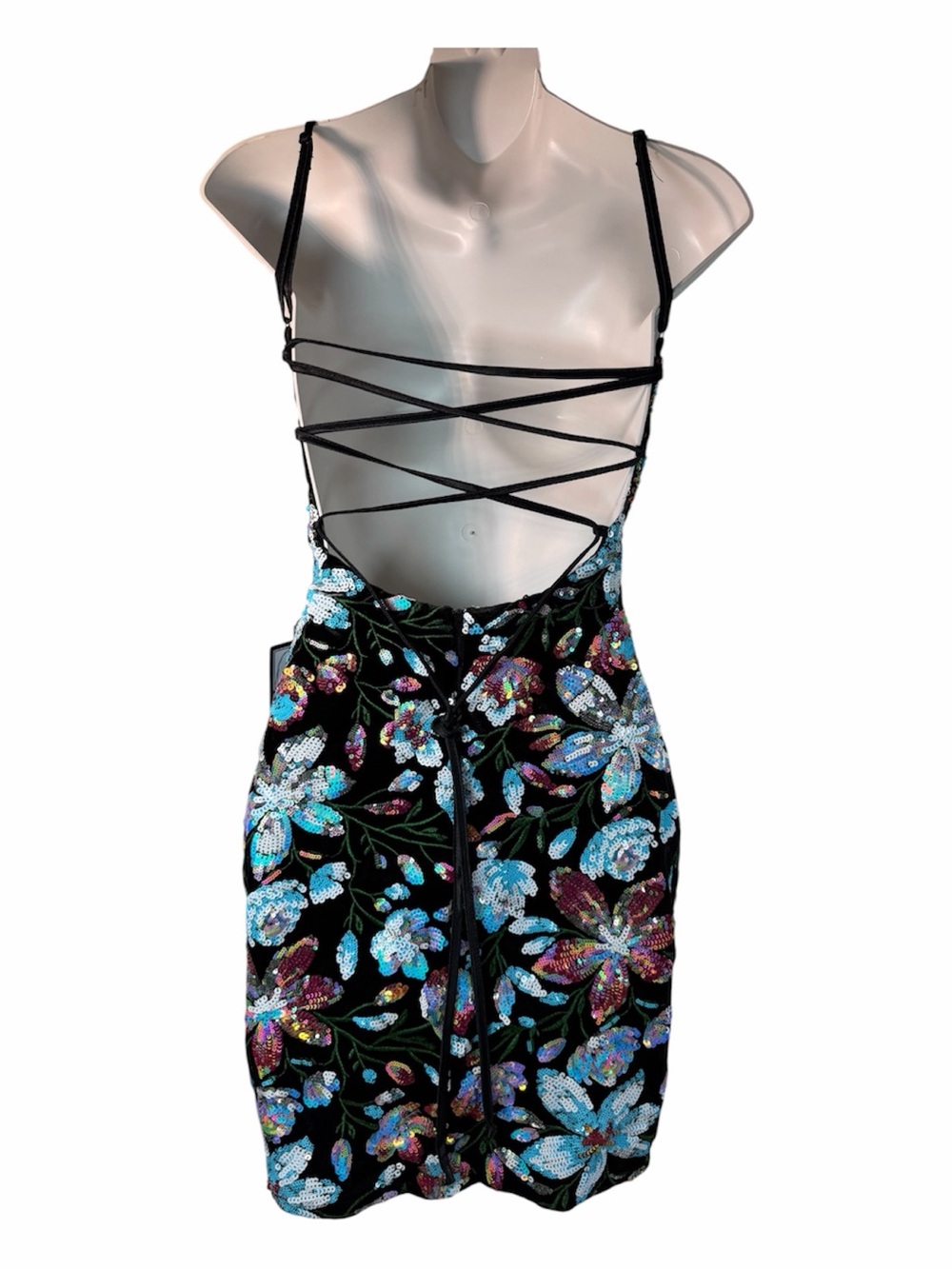 Floral Sequin V-Neck Bodycon Mini Dress S Katia Rae Black Cocktail Party Formal - Picture 2 of 15